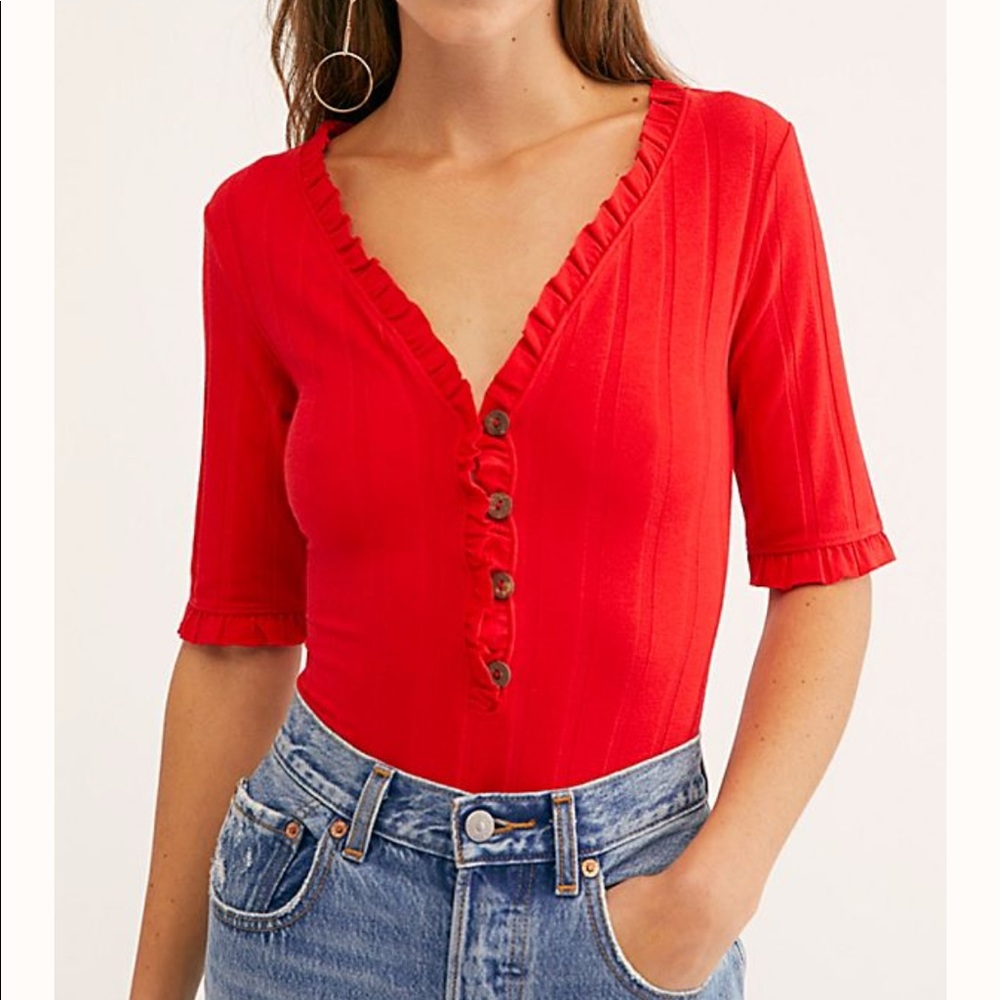 Free People red Cleo bodysuit buttons long sleeve